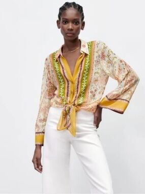 Zara Mustard and Olive Paisley Tie-Front Blouse